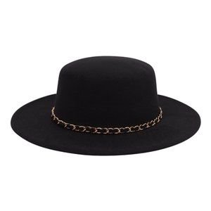 Felt Brim Hat w/Gold Chain Accent - Black